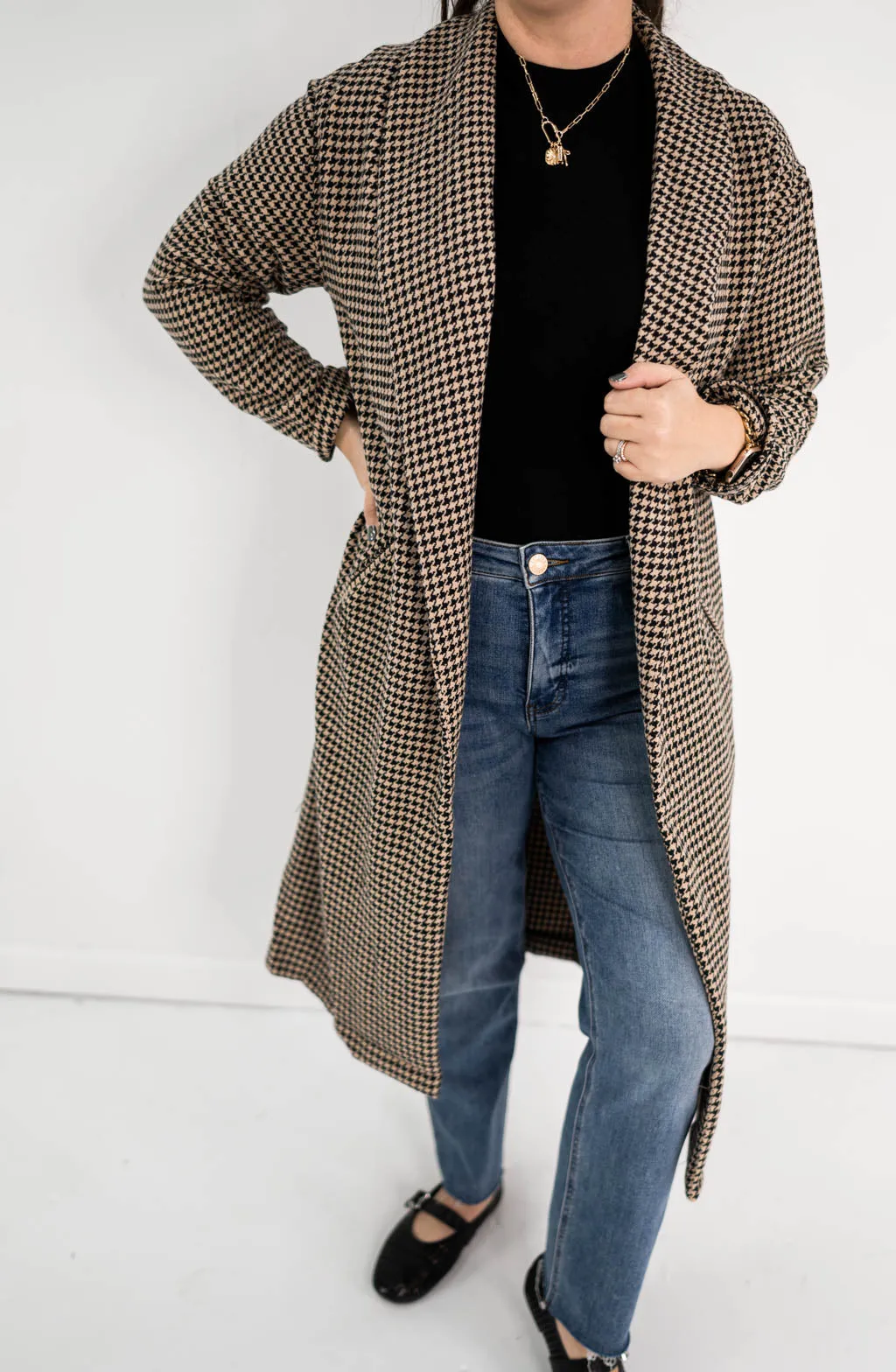 Houndstooth Collared Open Long Coat
