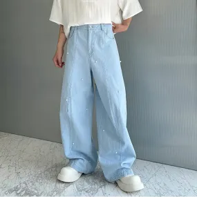 Korean Style Machete Jeans New Men Pearl Decoration Men's Wide Leg Denim Pants Fashion Trend Ligh-blue Summer 9C5845