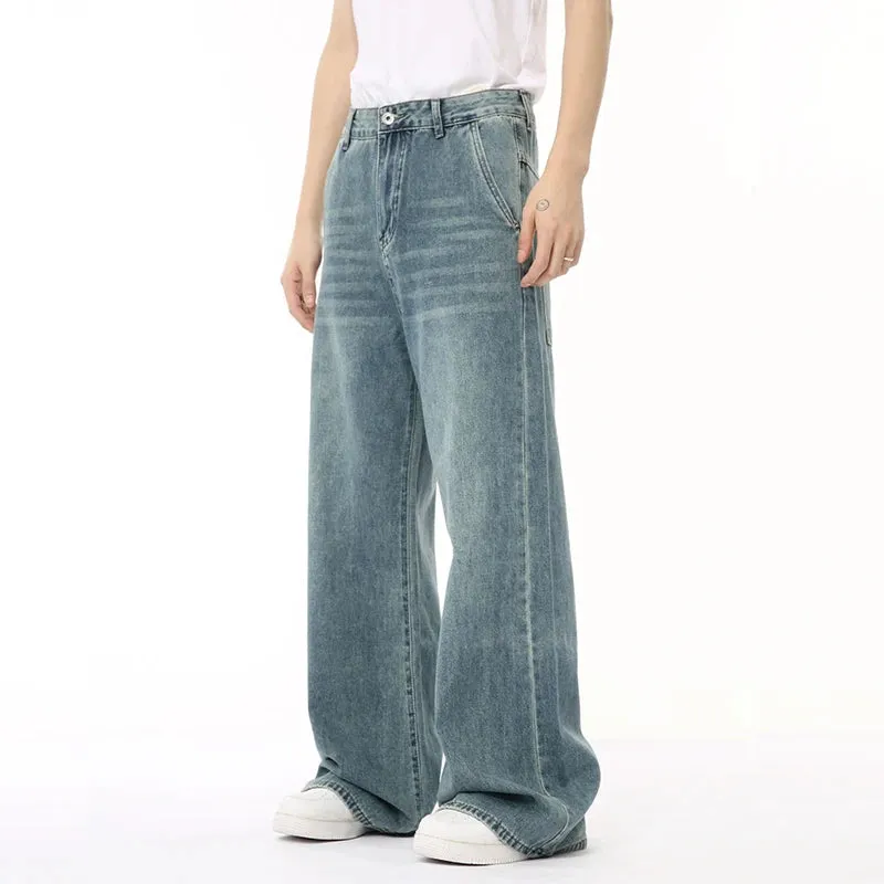 Korean Style Male Denim Pants Draping Straight Wide Leg Loose Washed Men's Casual Jeans New Summer Trendy 9C6676