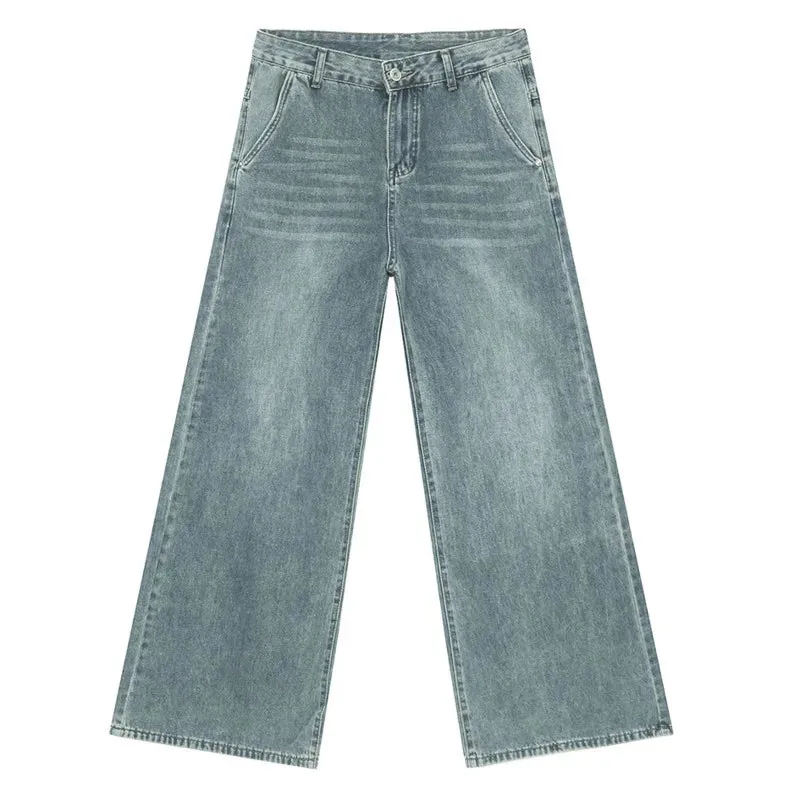 Korean Style Male Denim Pants Draping Straight Wide Leg Loose Washed Men's Casual Jeans New Summer Trendy 9C6676