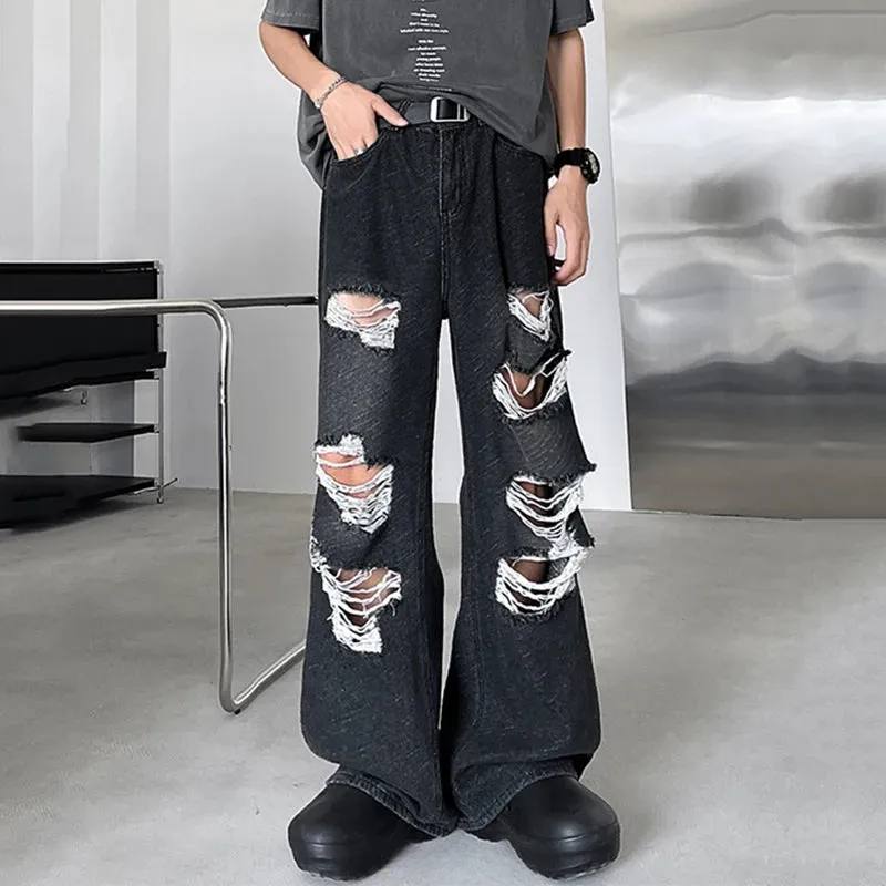 Korean Style Male Jeans Loose Hole Jacquard Pockets Straight Leg Casual Solid Color Men's Denim Pants New Fashion 9C6572