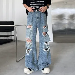 Korean Style Male Jeans Loose Hole Jacquard Pockets Straight Leg Casual Solid Color Men's Denim Pants New Fashion 9C6572