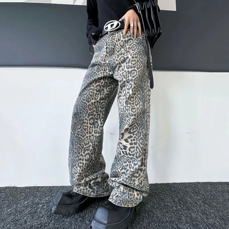 Leopard Print Men's Jeans Personality Men Denim Pants Niche Design Casual Male Trousers Spring Fashion 9C3998