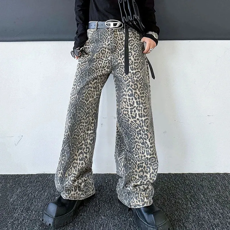 Leopard Print Men's Jeans Personality Men Denim Pants Niche Design Casual Male Trousers Spring Fashion 9C3998