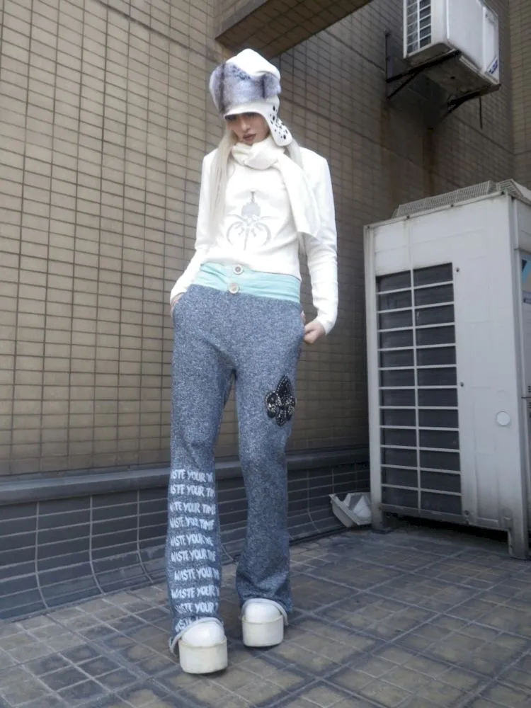 Low Rise Printed Studded Flared Stacked Sweatpants【s0000007169】
