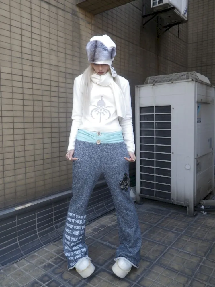Low Rise Printed Studded Flared Stacked Sweatpants【s0000007169】