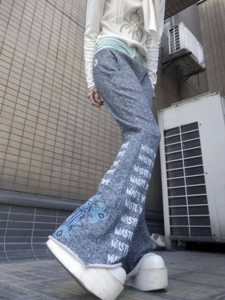Low Rise Printed Studded Flared Stacked Sweatpants【s0000007169】