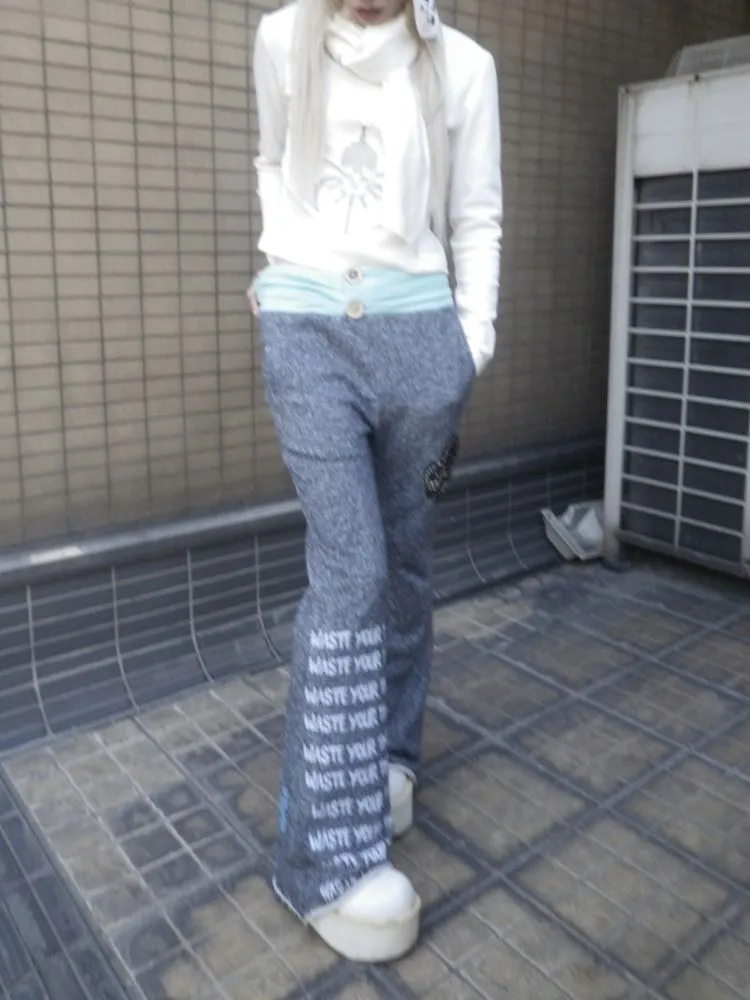 Low Rise Printed Studded Flared Stacked Sweatpants【s0000007169】