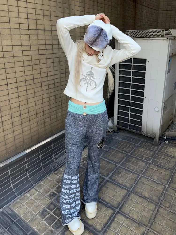 Low Rise Printed Studded Flared Stacked Sweatpants【s0000007169】