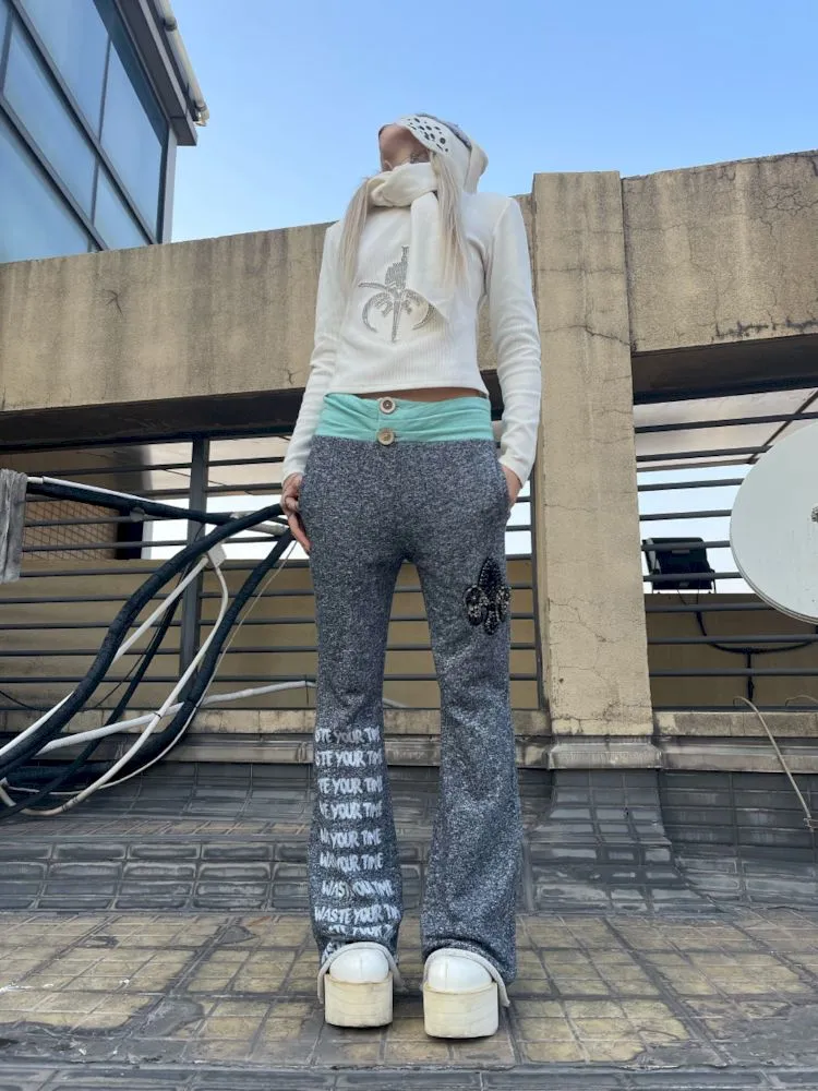 Low Rise Printed Studded Flared Stacked Sweatpants【s0000007169】