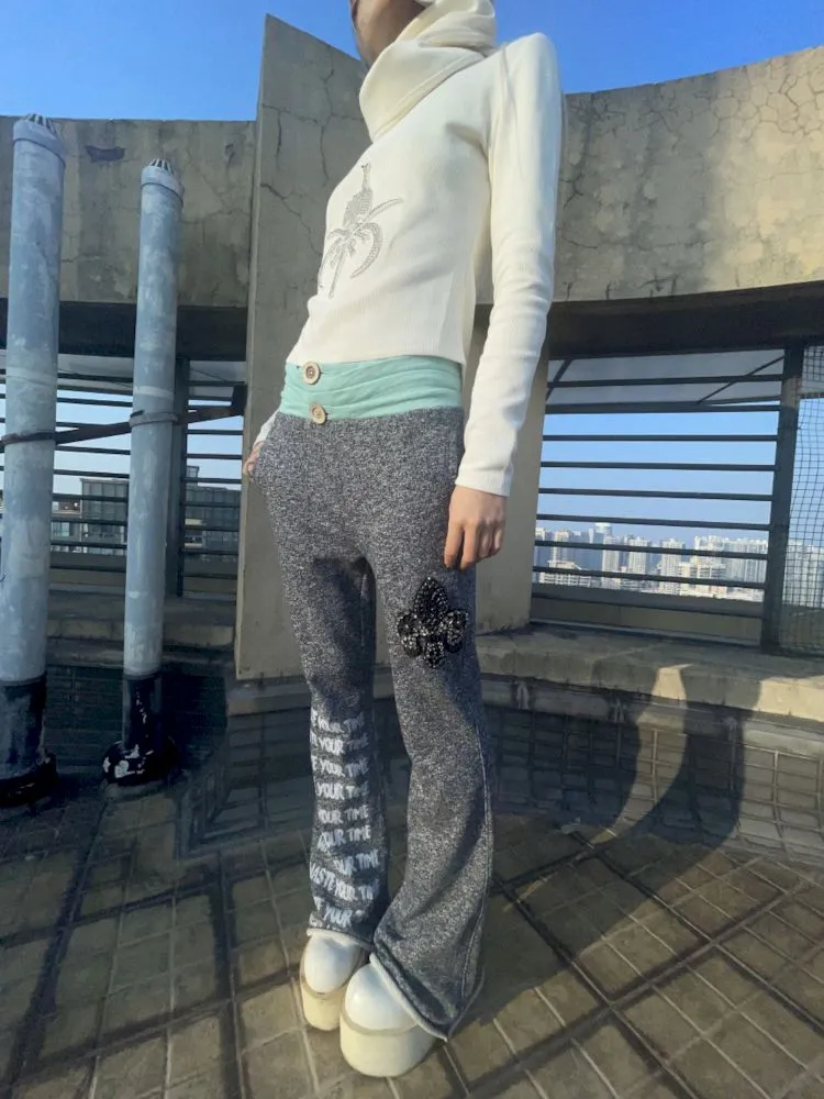 Low Rise Printed Studded Flared Stacked Sweatpants【s0000007169】