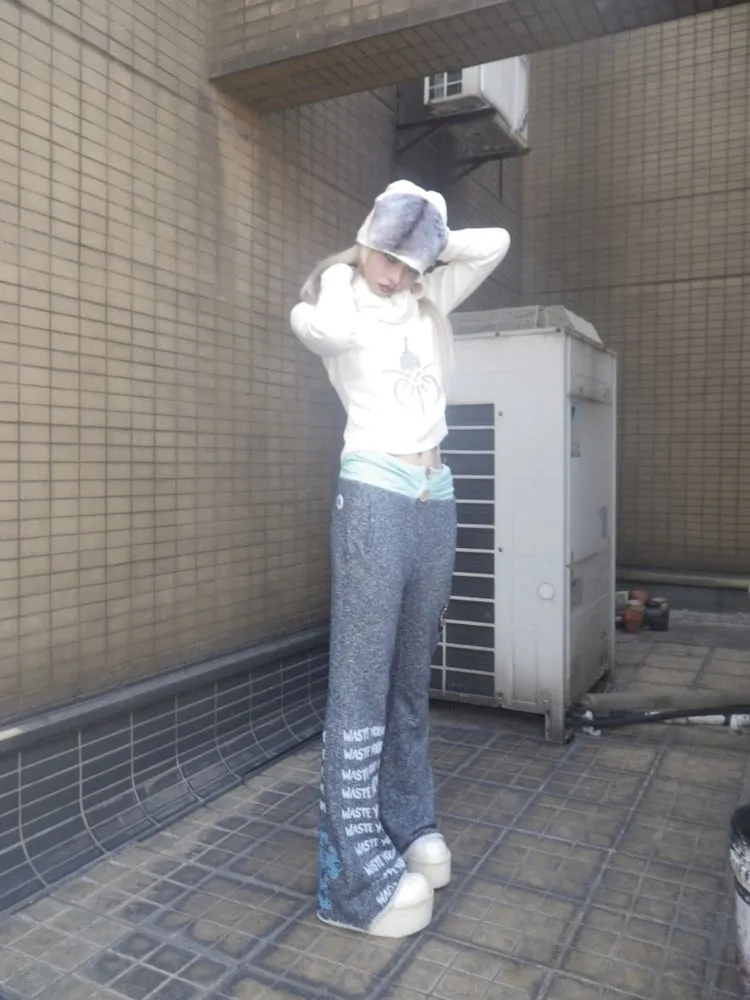 Low Rise Printed Studded Flared Stacked Sweatpants【s0000007169】
