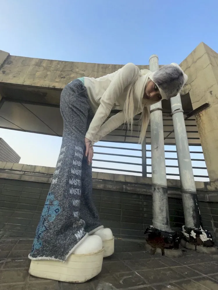 Low Rise Printed Studded Flared Stacked Sweatpants【s0000007169】