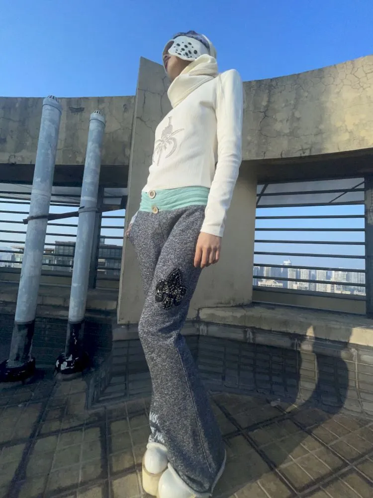 Low Rise Printed Studded Flared Stacked Sweatpants【s0000007169】