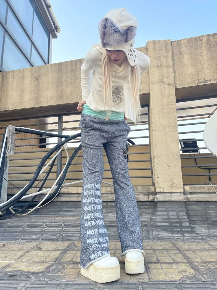 Low Rise Printed Studded Flared Stacked Sweatpants【s0000007169】