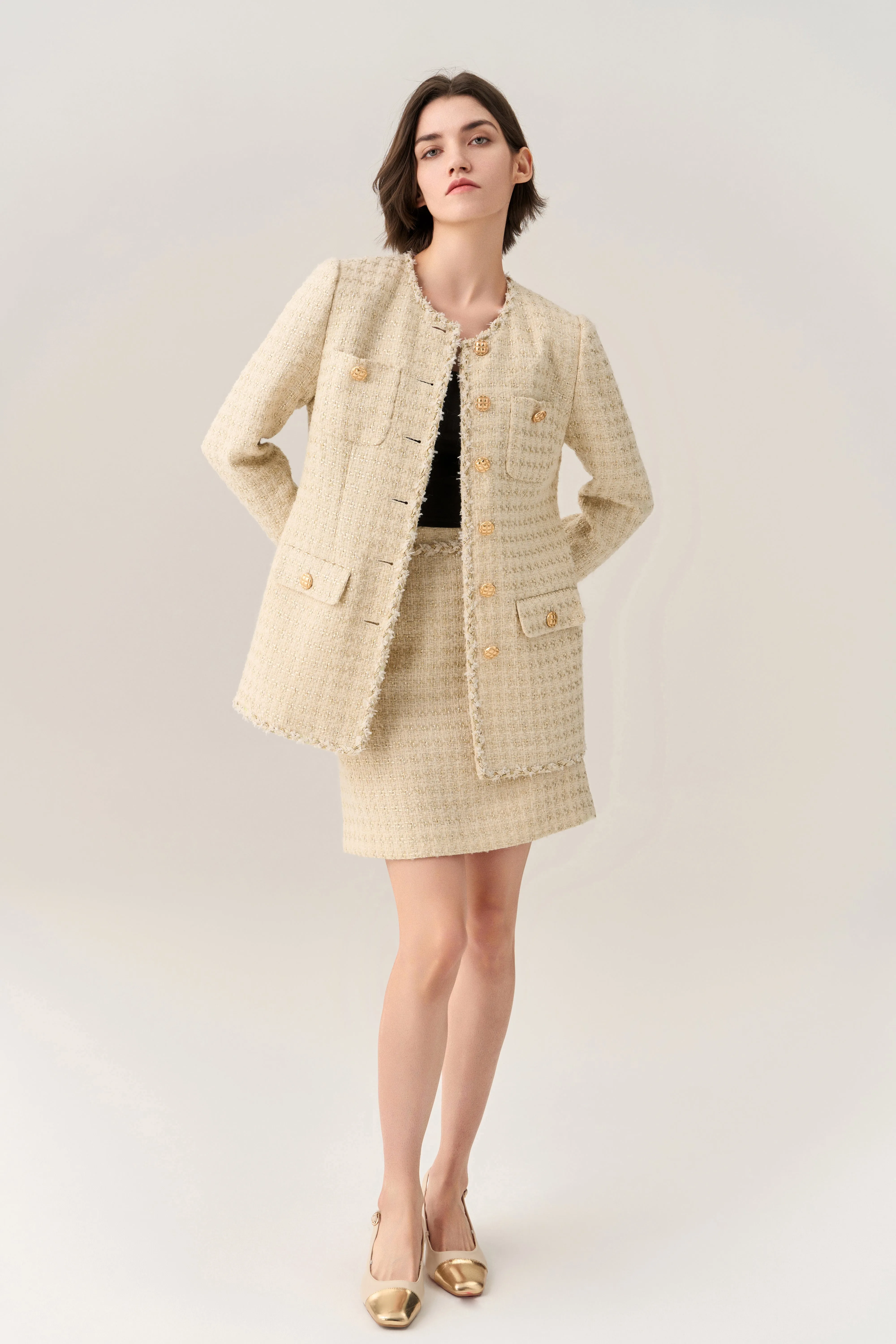Lurex Stripped Braid-trim A-line Midi Coat