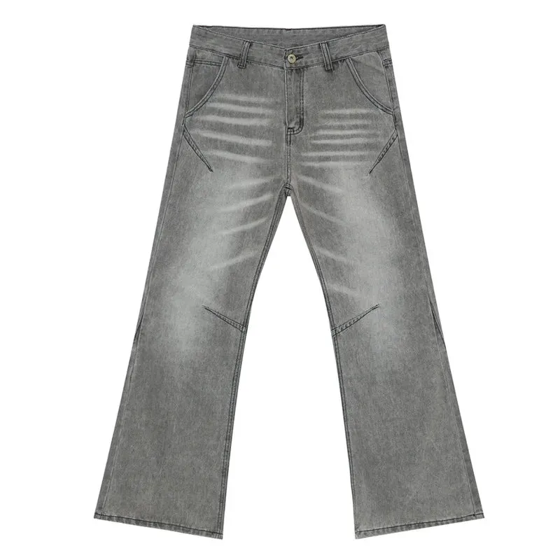 Male Gray Denim Pants New American Style Washed Texture Patchwork Straight Wide Leg Loose Jeans Summer Trendy 9C6678