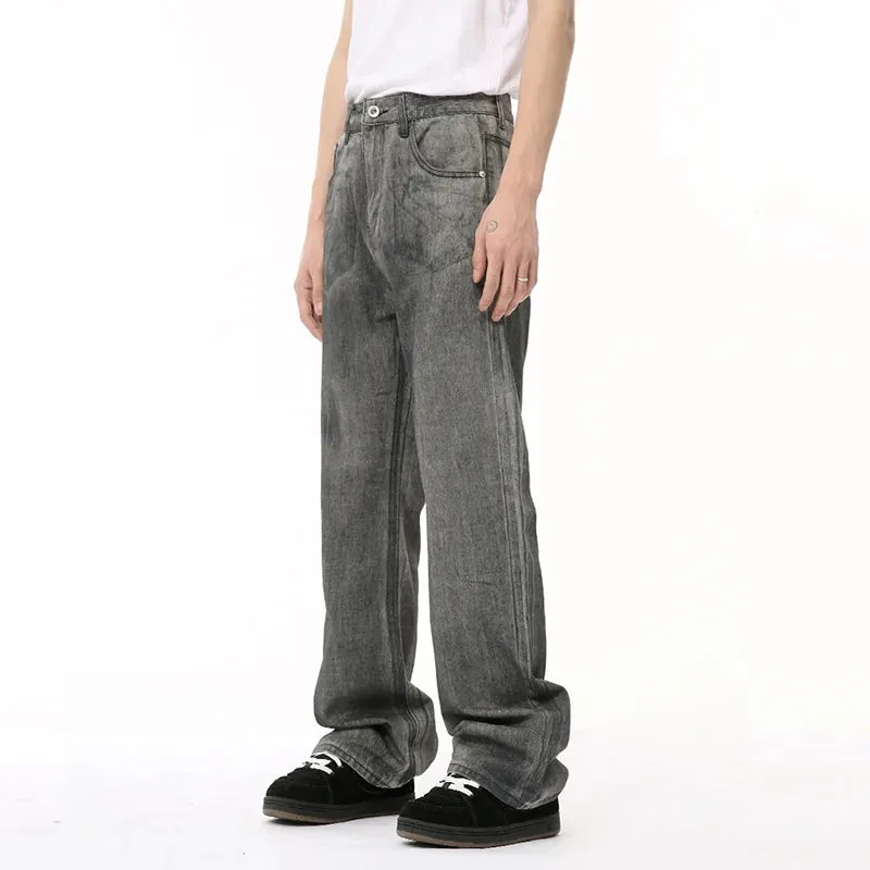 Male Grey Black Denim Pants New Worn-out Washed Loose Straight Wide Leg Boot Cut Men‘s Jeans Summer Fashion 9C6682