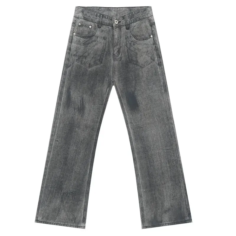 Male Grey Black Denim Pants New Worn-out Washed Loose Straight Wide Leg Boot Cut Men‘s Jeans Summer Fashion 9C6682