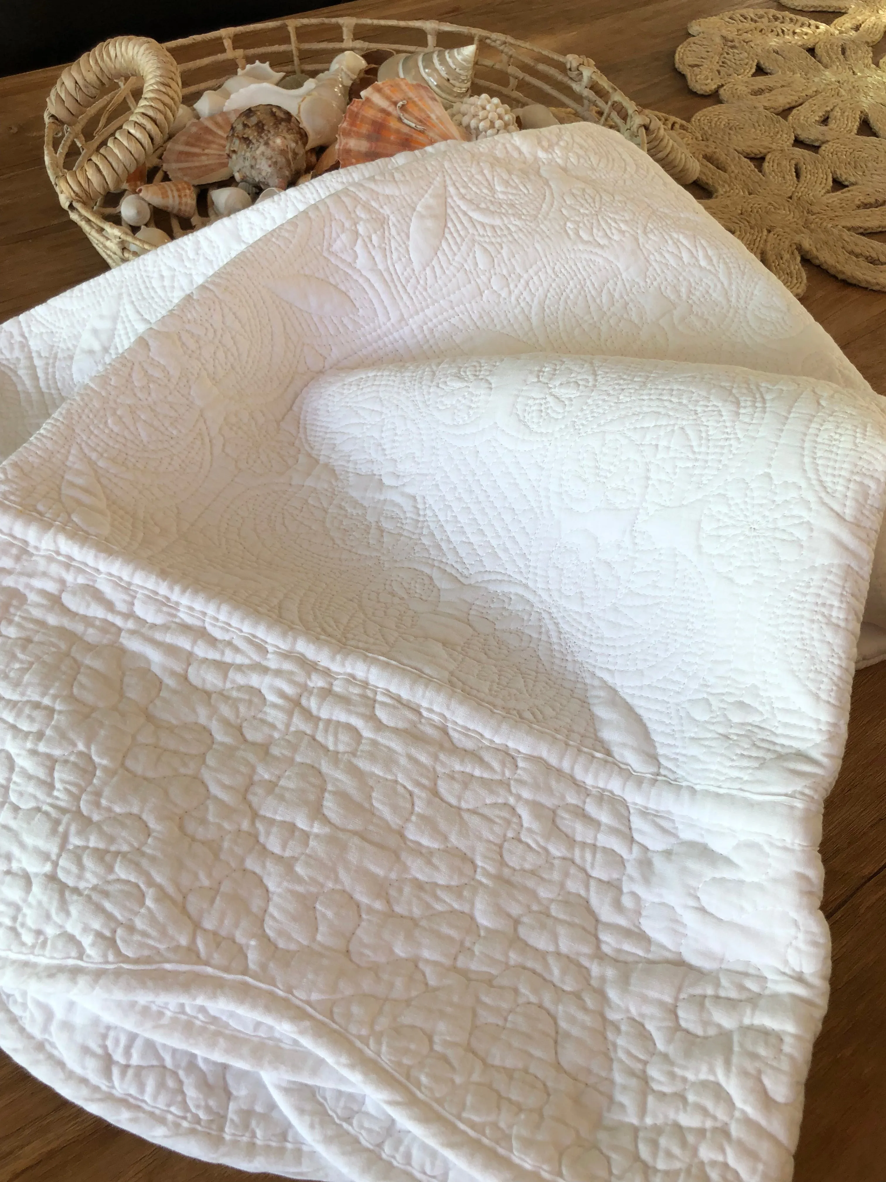 Marcella Antique White Quilted Cotton Throw Rug
