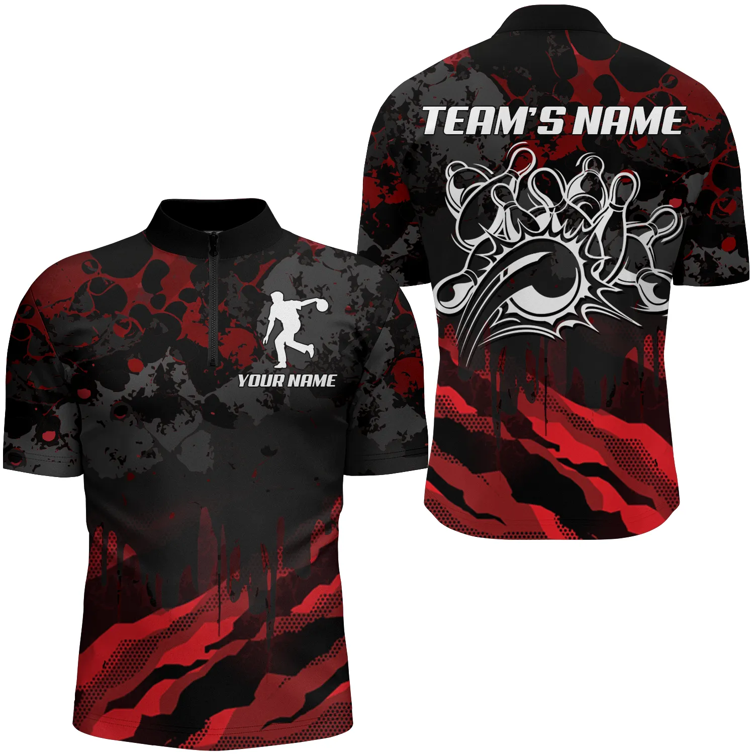 Men Bowling Quarter-Zip Shirt Custom Multi Color Camo Bowling Jersey Bowling Team League Shirt