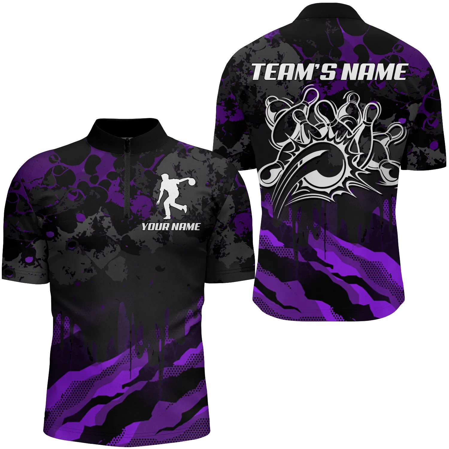 Men Bowling Quarter-Zip Shirt Custom Multi Color Camo Bowling Jersey Bowling Team League Shirt