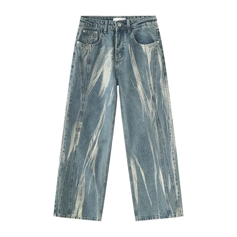 Men's Baggy Jeans Trend New Korean Style Tie Dye Niche Design Fashion Male Wide Leg Denim Pants Loose Streetwear 9C2535
