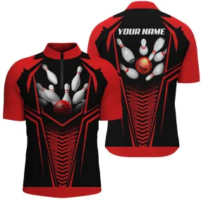 Men's bowling shirt Quarter Zip custom name red and black Bowling Ball and Pins bowling jerseys
