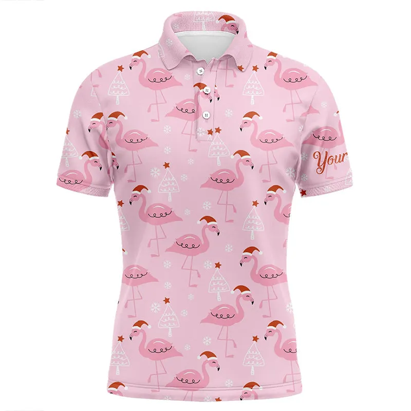 Mens Golf Polo Shirt Custom Pink Flamingo Christmas Pattern In Xmas Santa Hat, Christmas Golf Gifts
