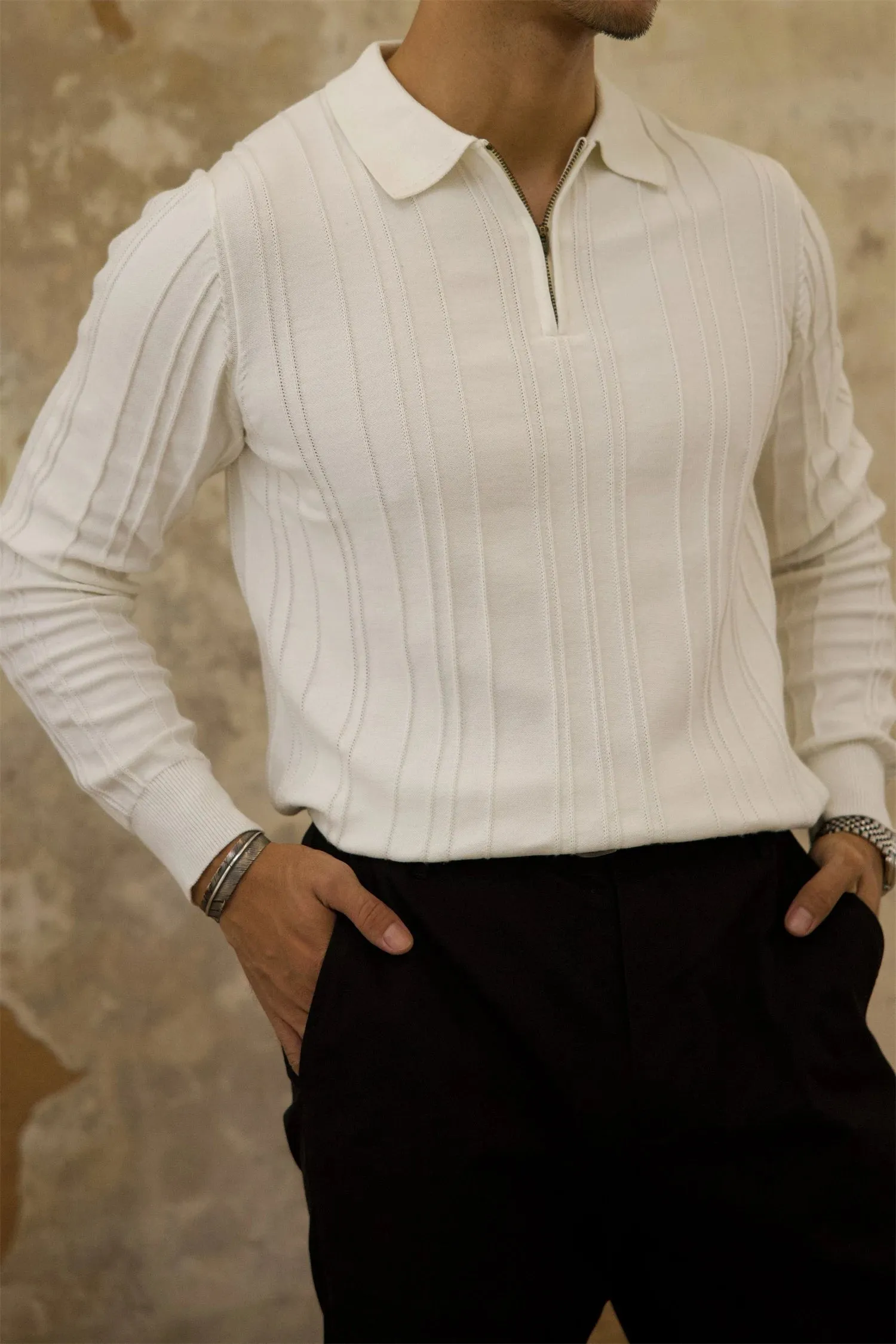 Men's Ribbed Zip Placket Polo Shirt