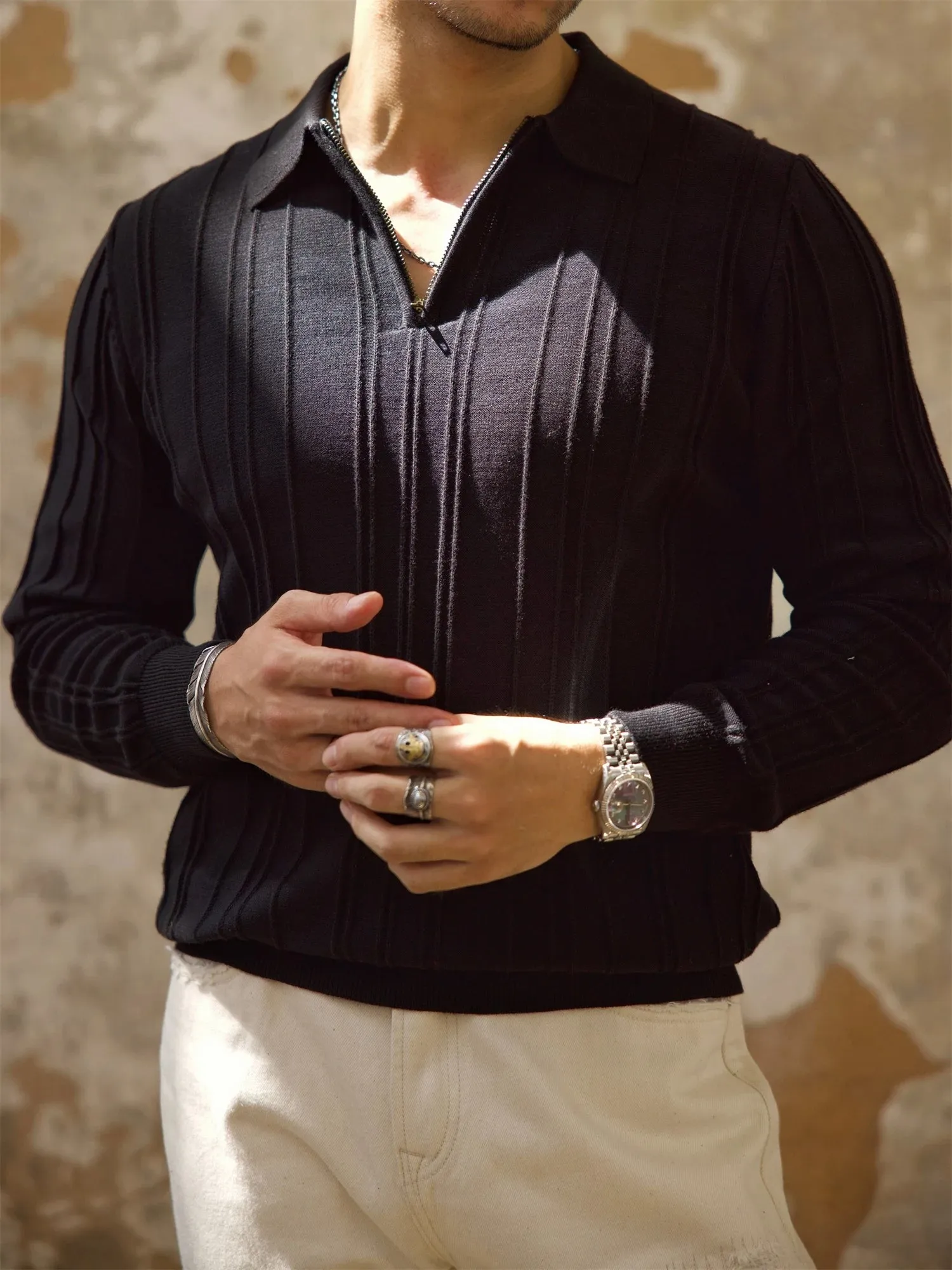 Men's Ribbed Zip Placket Polo Shirt