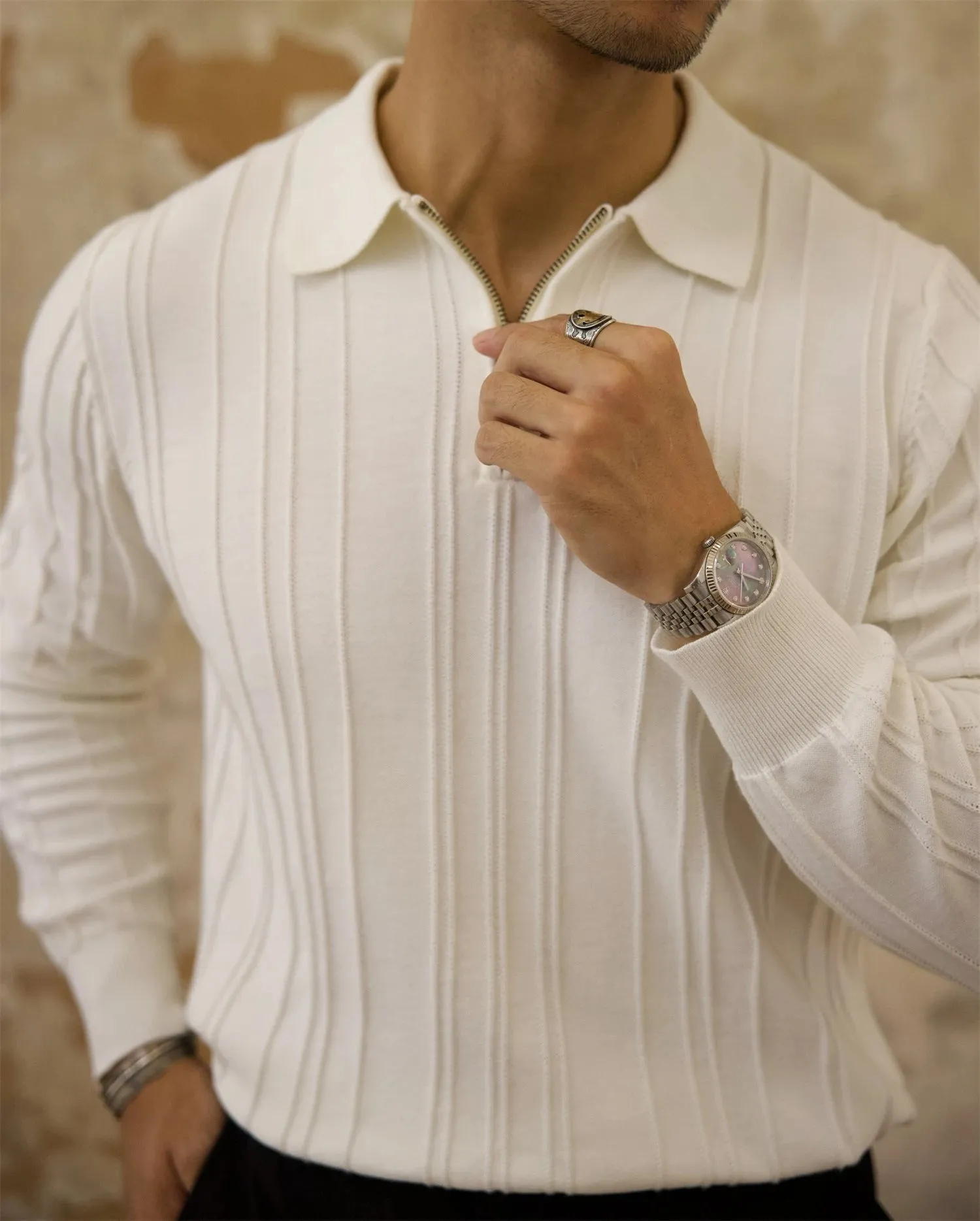 Men's Ribbed Zip Placket Polo Shirt