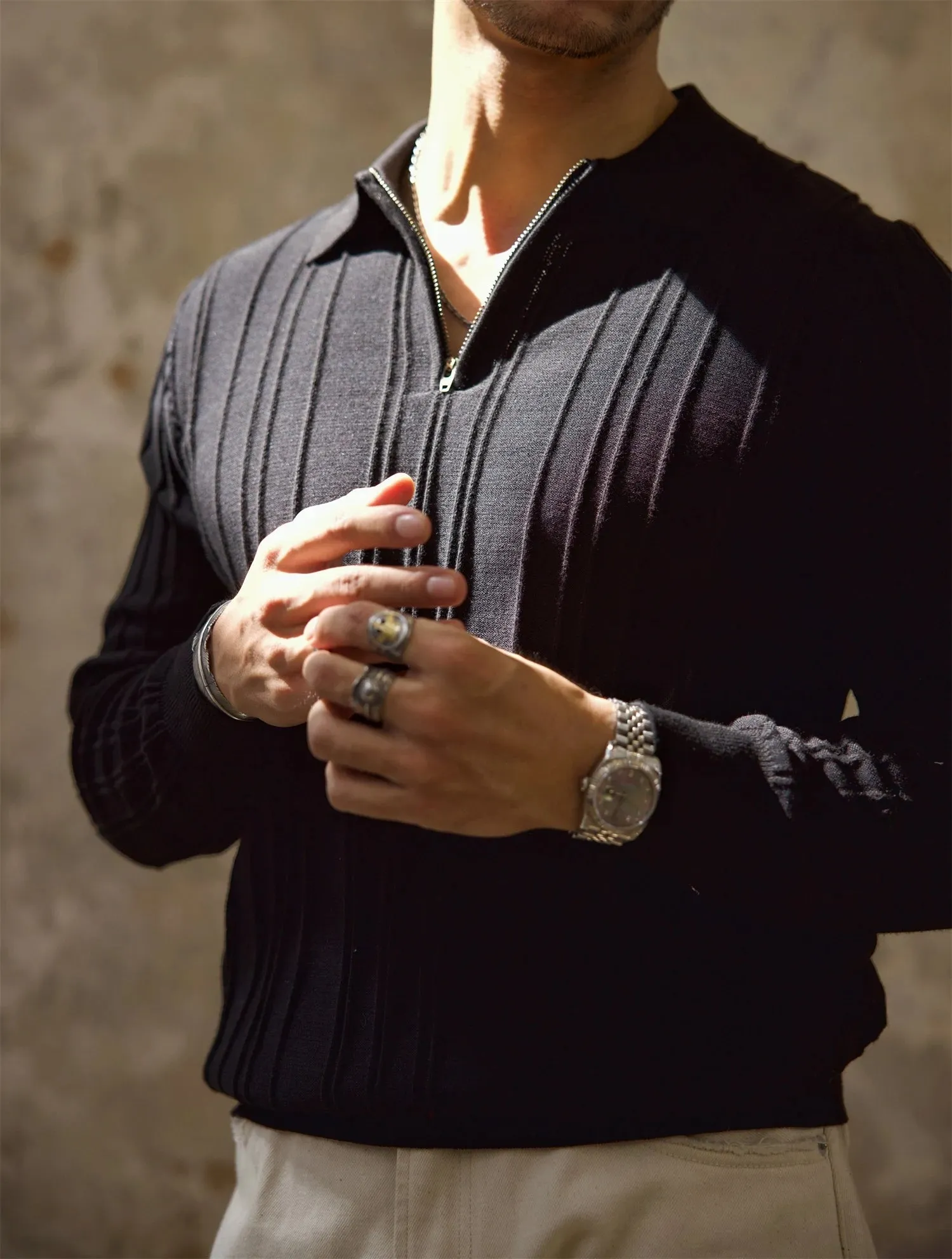 Men's Ribbed Zip Placket Polo Shirt
