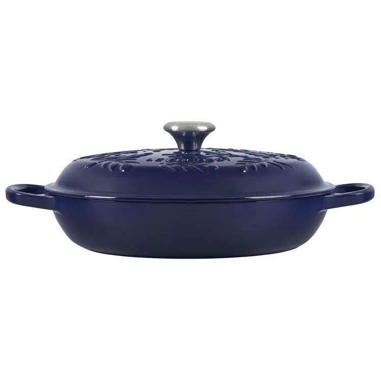 Olive Branch Collection 3.5-Quart Cast Iron Braiser with Embossed Lid and Stainless Steel Knob - Indigo - OPEN BOX