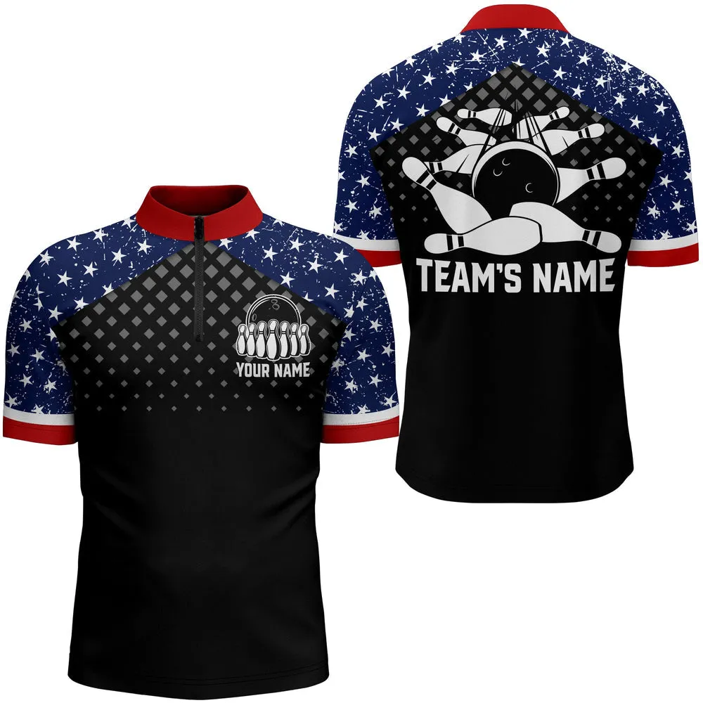 Patriotic Bowling Quarter-Zip Shirt Men Custom Ladies Bowling Team League Jersey USA Bowling Shirt