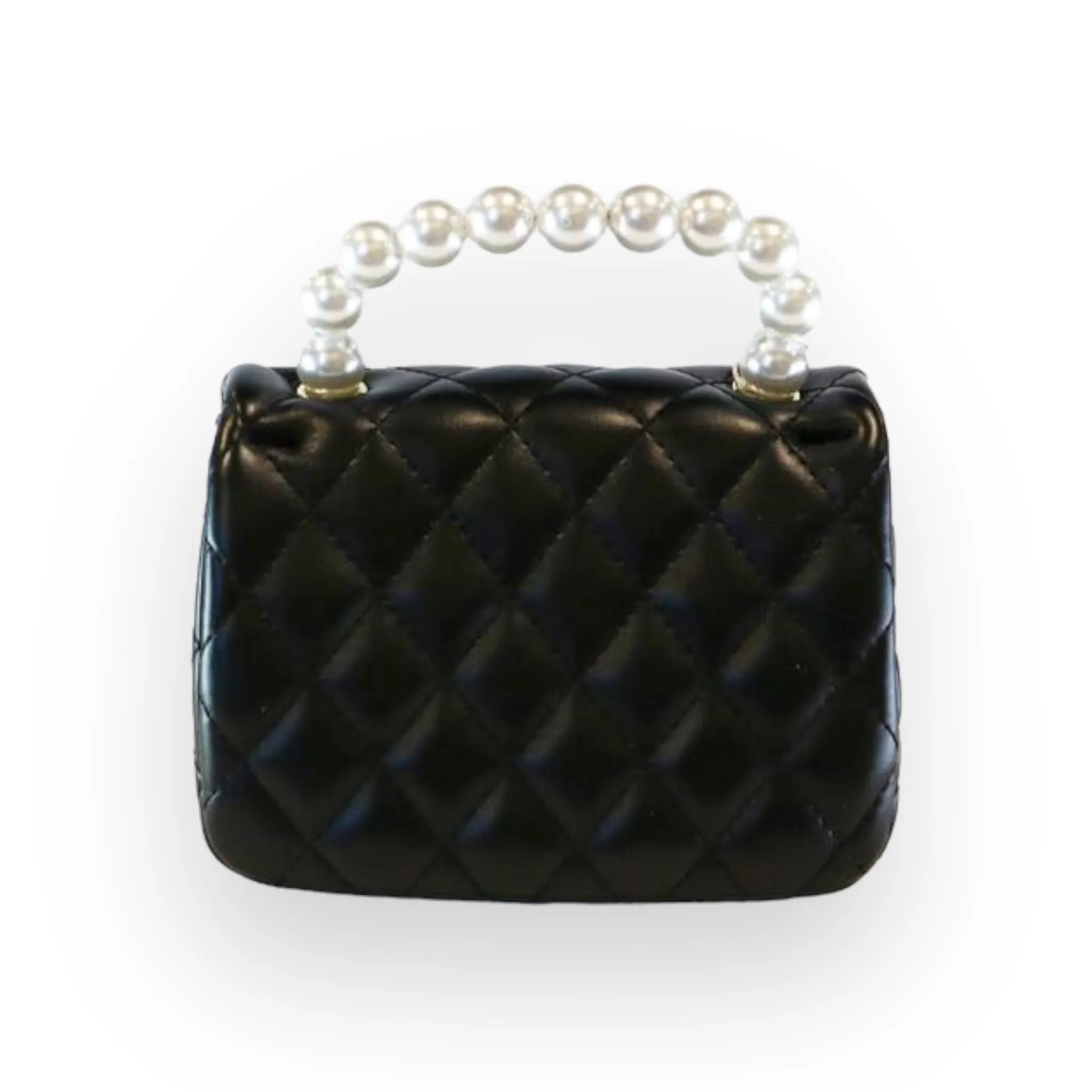 Pearl Handle Quilted Leather Purse w/ Charms - Black