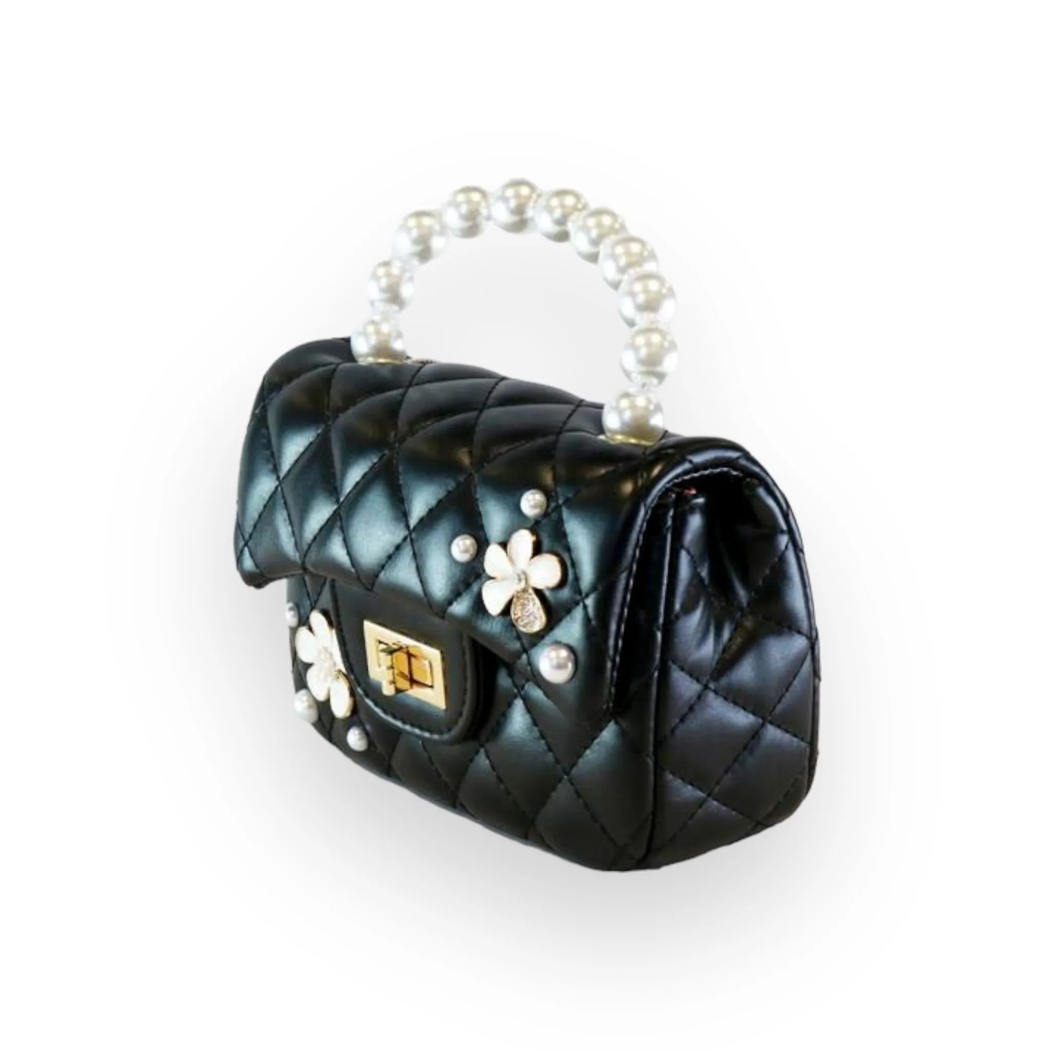 Pearl Handle Quilted Leather Purse w/ Charms - Black