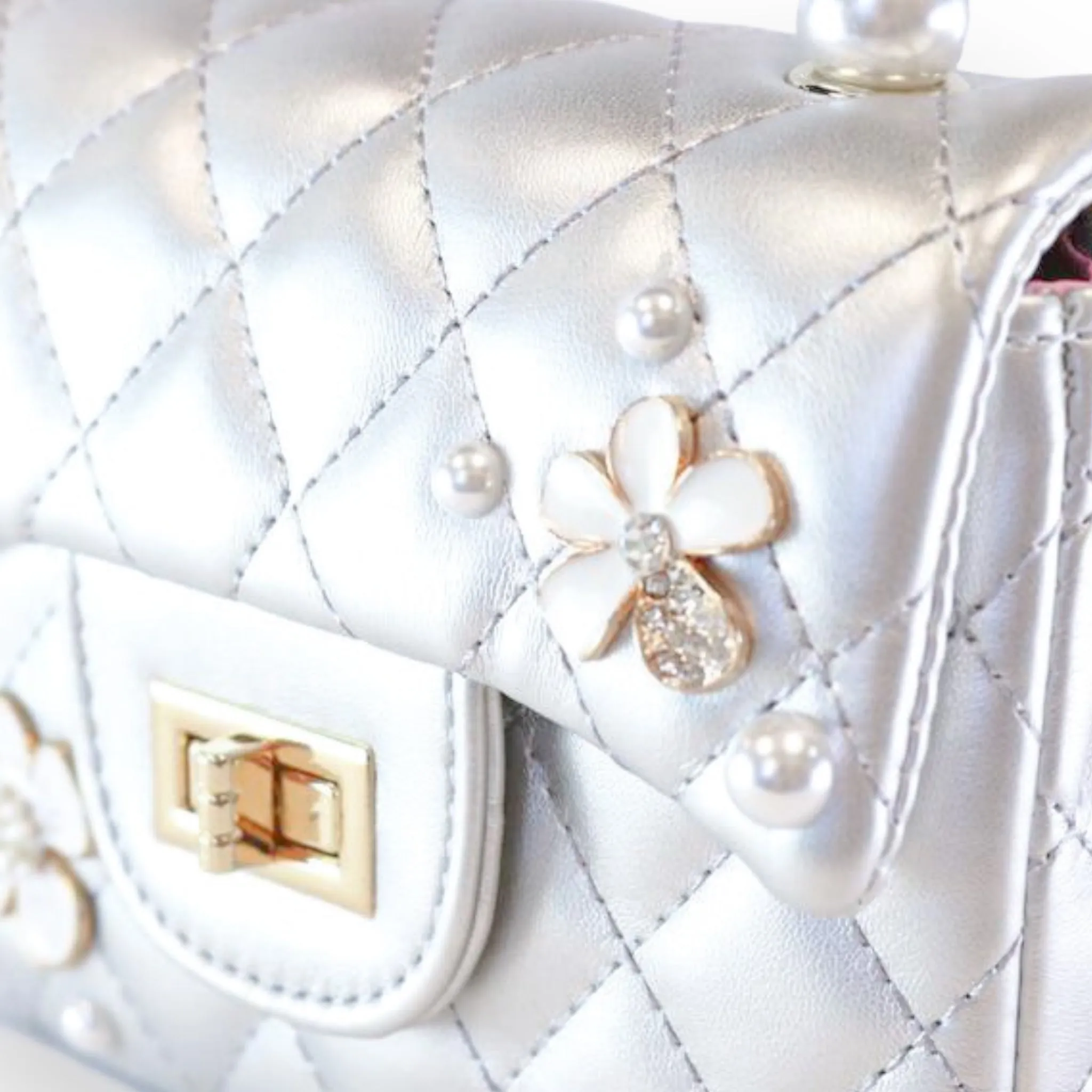 Pearl Handle Quilted Leather Purse w/ Charms - Silver
