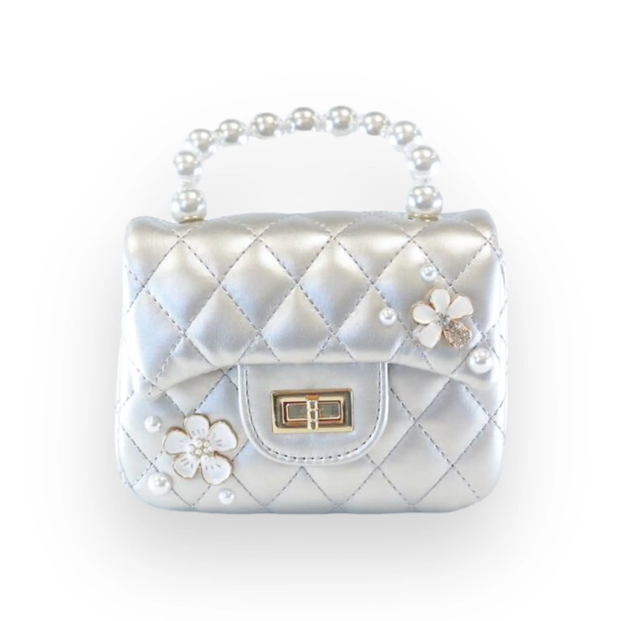 Pearl Handle Quilted Leather Purse w/ Charms - Silver