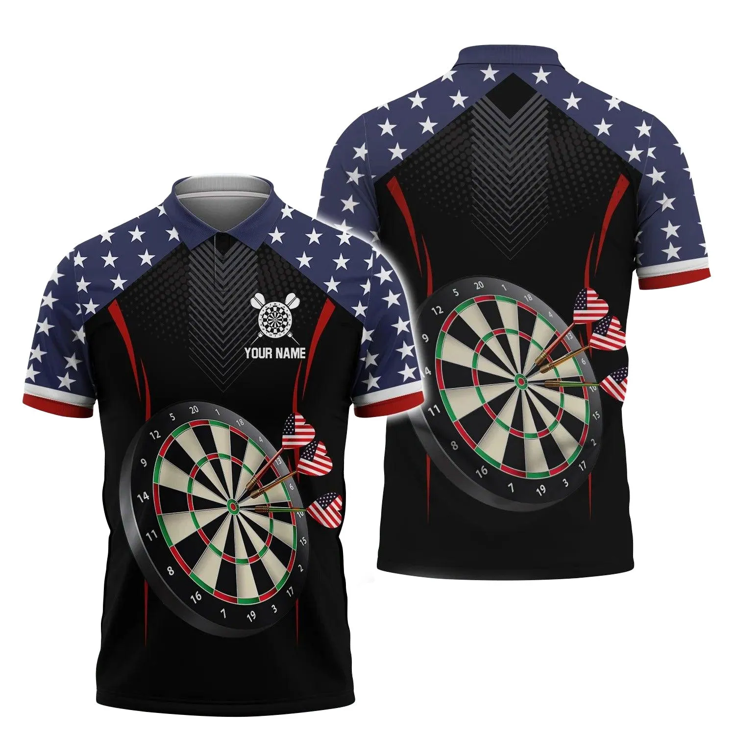 Personalised Darts Long Sleeve Polo Shirts, Darts American Flag Black Background Custom Name Polo Shirts