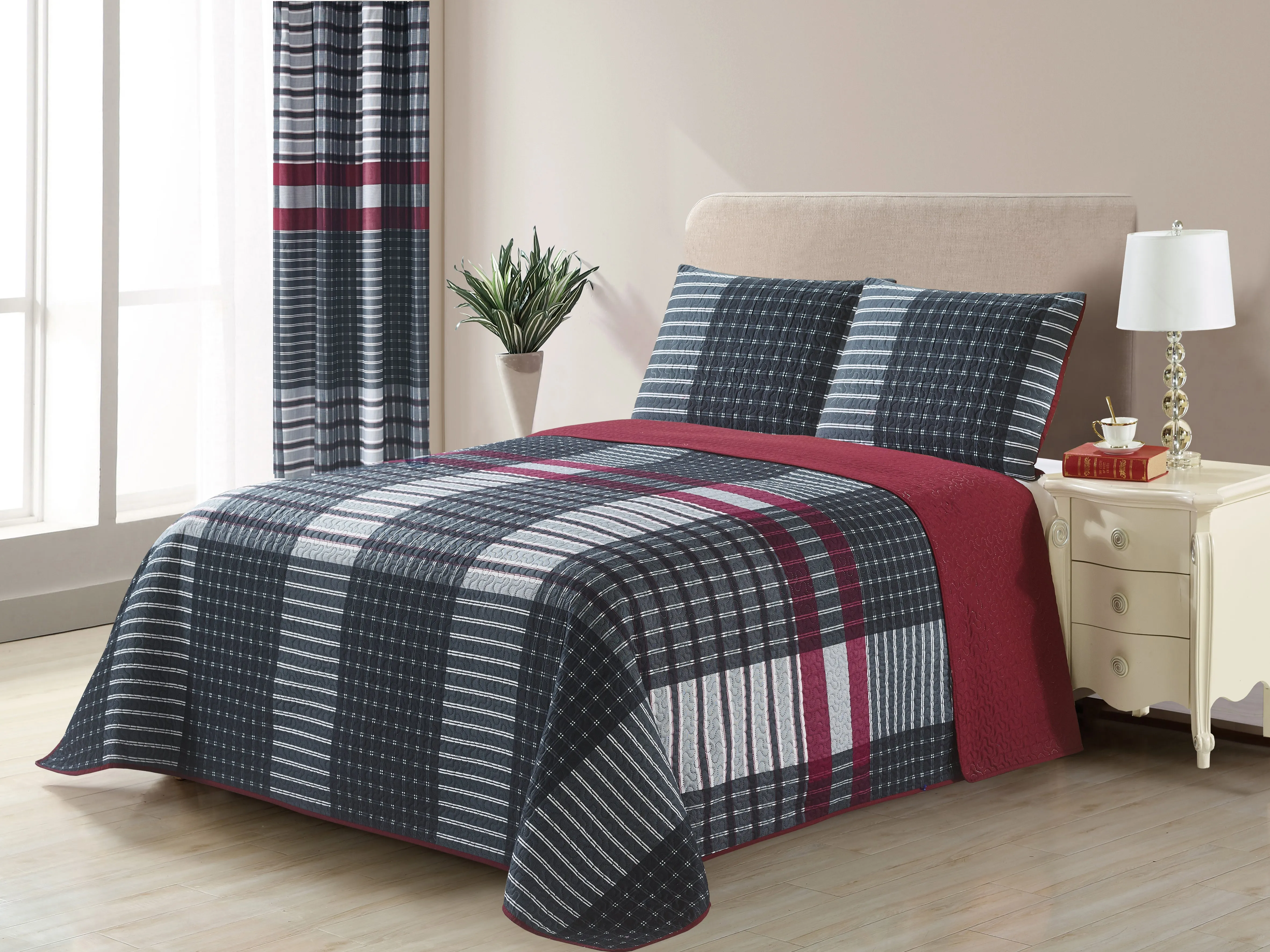Plaid Printed Reversible Bedspread/Quilt Set