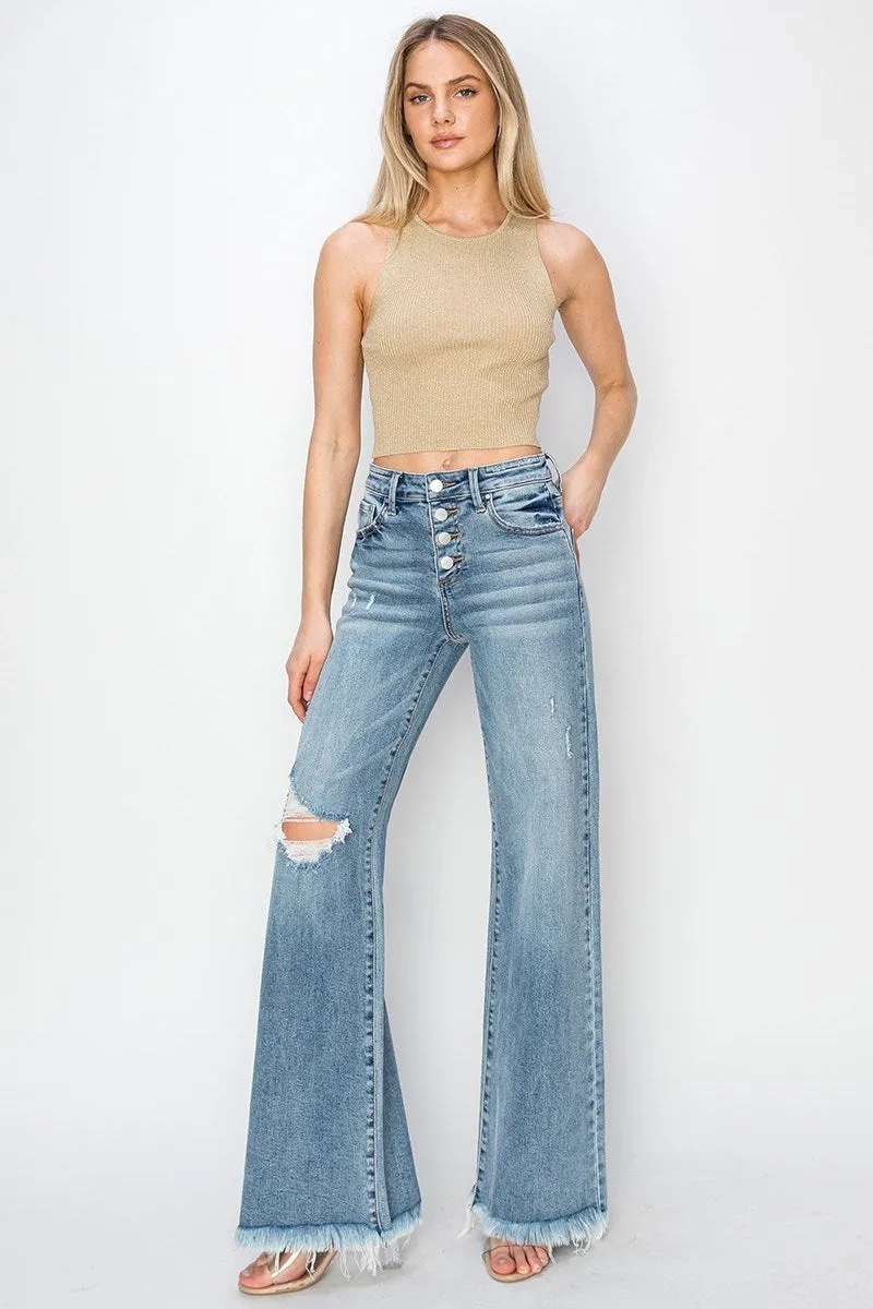 Risen Jeans - Mid Rise Button Down Wide Leg Jeans - RDP5412HD