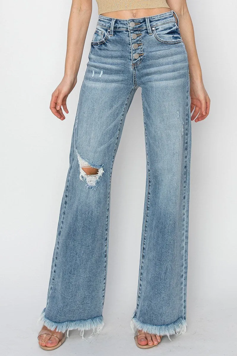 Risen Jeans - Mid Rise Button Down Wide Leg Jeans - RDP5412HD