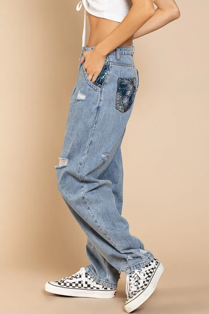 Sequin Detail Relaxed Denim Jeans