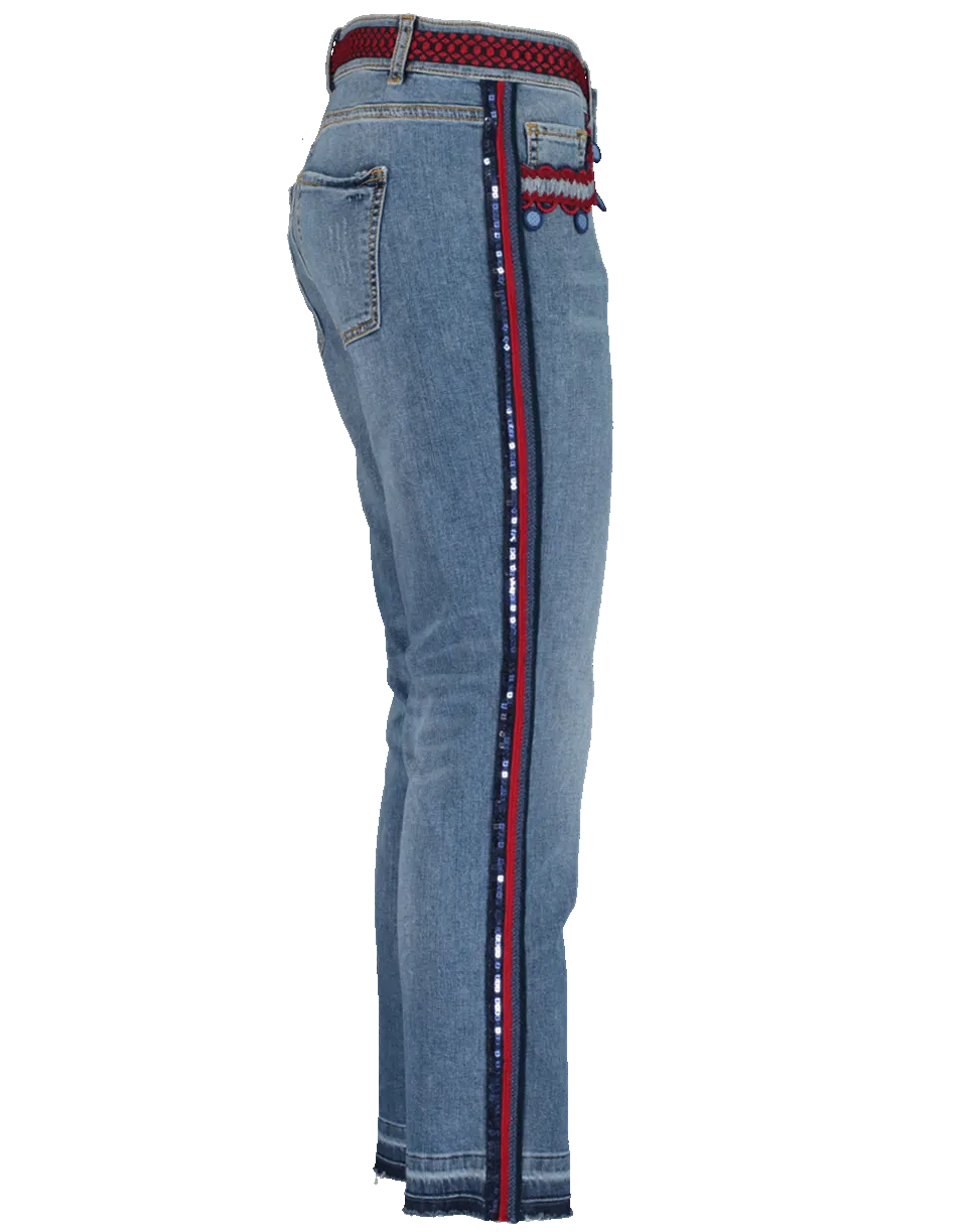 Sequined Side Stripe Cropped Jeans