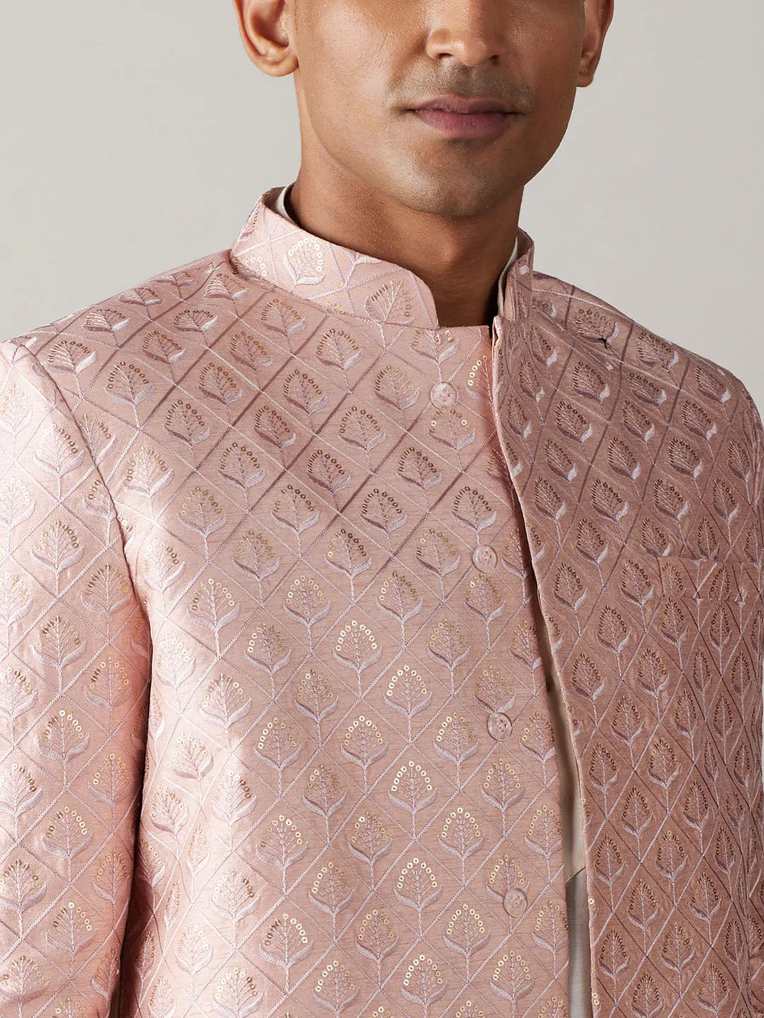 SHRESTHA By VASTRAMAY Men's Peach Sequined Indo Sherwani Set