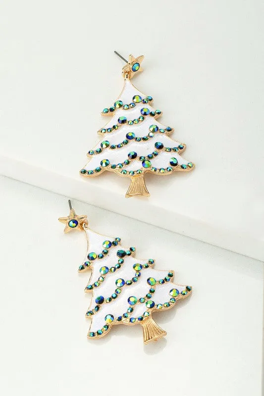 Sparking Crystal Rhinestone Snowy Christmas Tree Holiday Drop Earrings