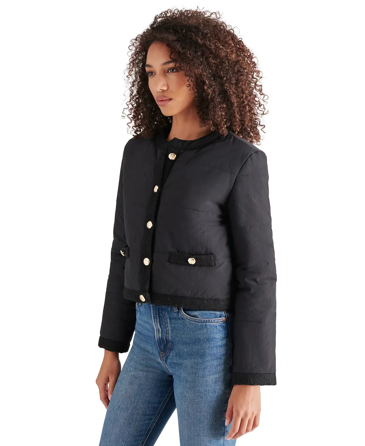 STE Black Coppelia Tweed-Trim Puffer Jacket