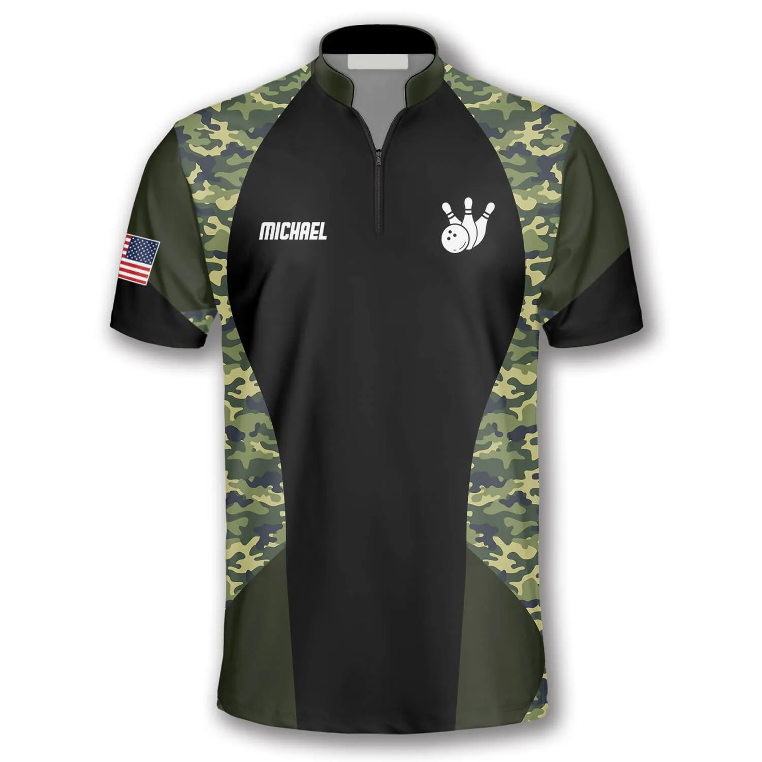 Strike Camouflage Waving Flag Custom Bowling Jerseys for Men, Personalized Name Bowling Shirt