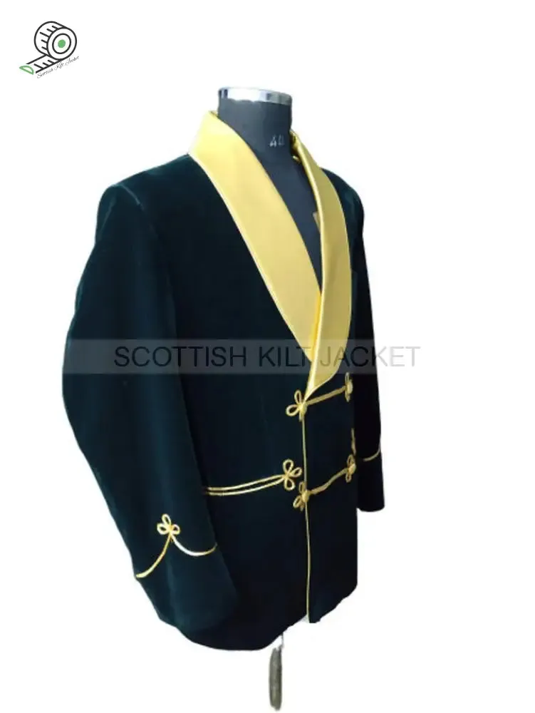 Stylish Green Velvet Coat with Gold Lapels